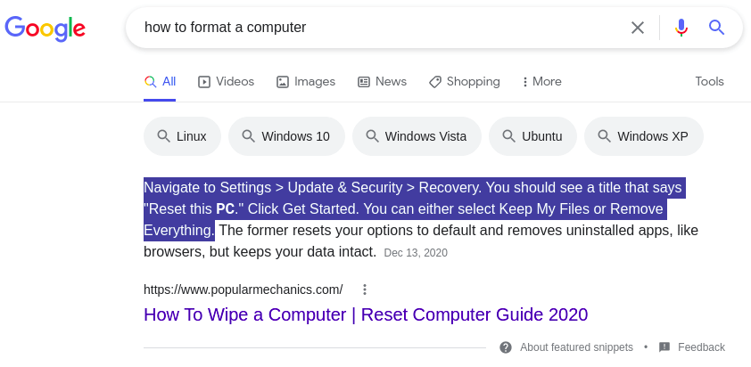 How to format a computer (Google search results)