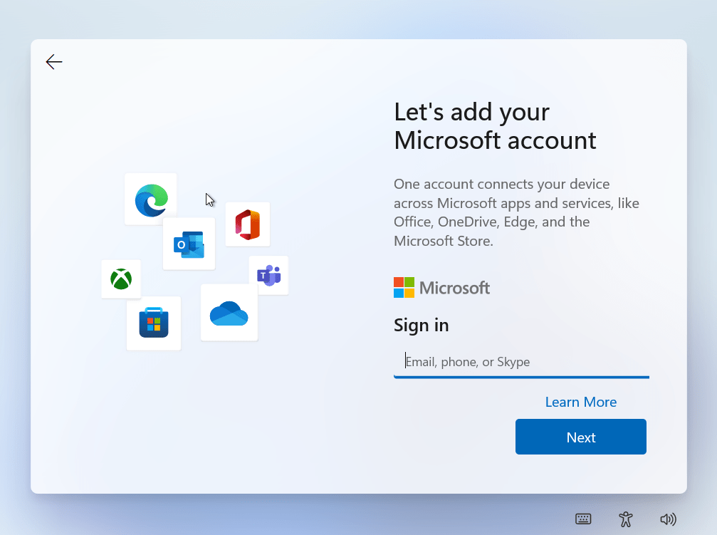 Windows 11 add Microsoft account page
